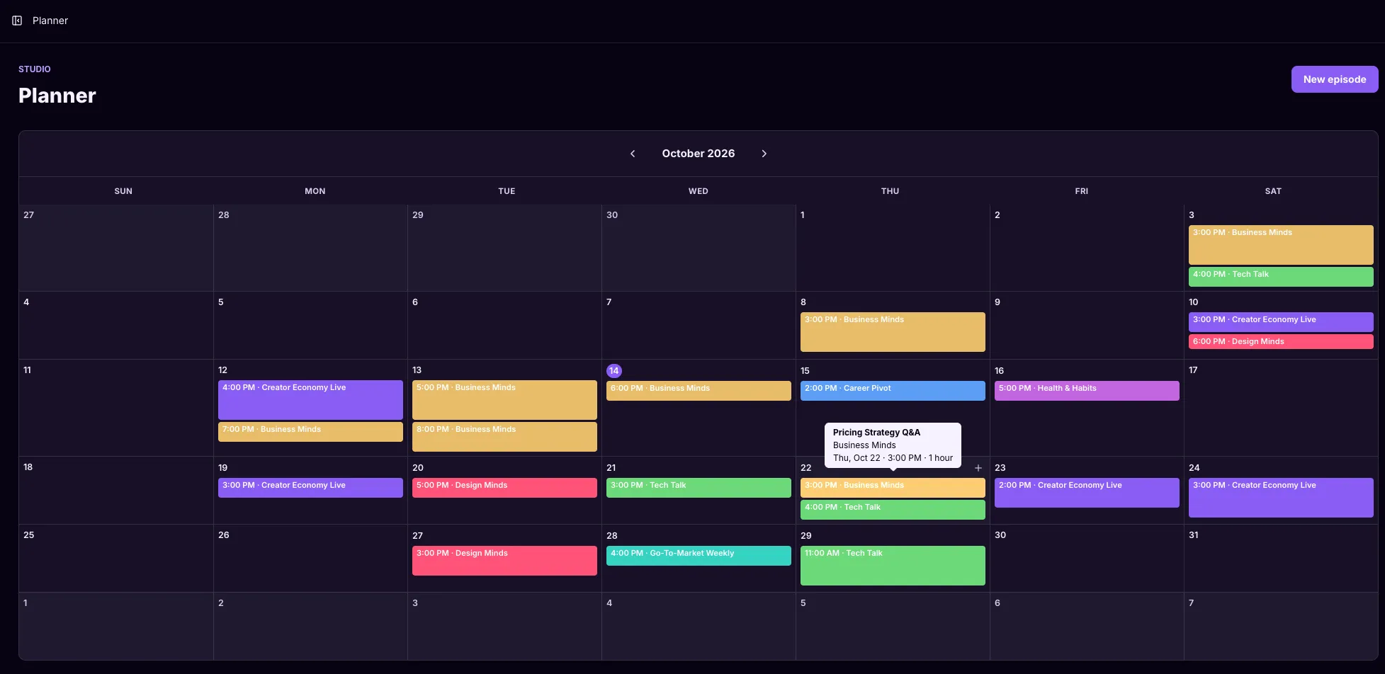 Podcast Planner month calendar with color-coded episodes from several podcasts