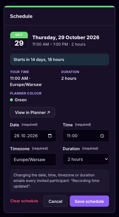 Episode Schedule card with the reschedule form open, showing date, time, timezone and duration fields