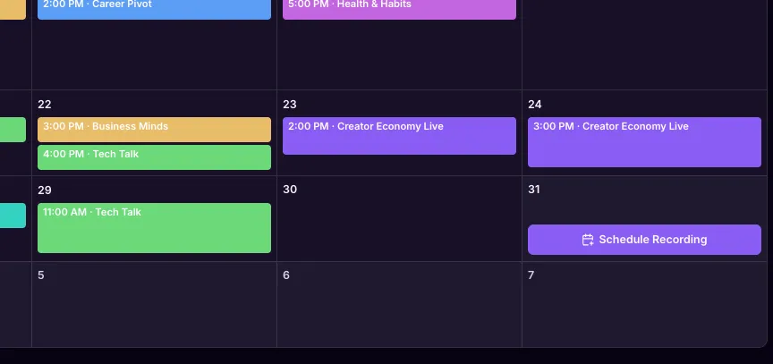 Planner calendar with a Schedule Recording button on an empty day