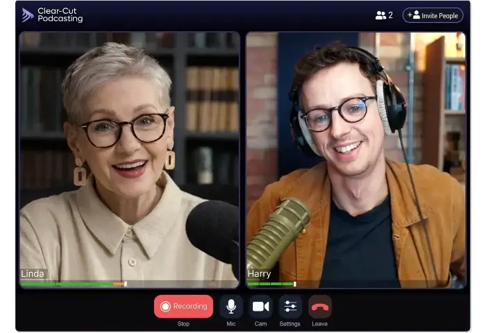 Two people recording a podcast on Clear-Cut Podcasting